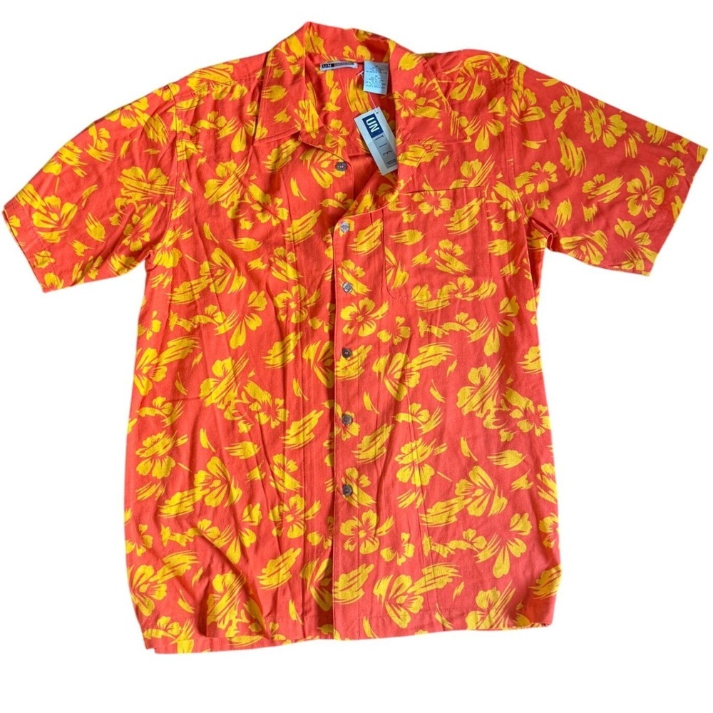 Mens VTG 100% Silk Hawaiian vacation Shirt Med Resortwear Button Down orange